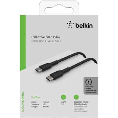 Кабель USB-C > USB-C заряджання/синхронізації Belkin 1м, 60Вт, Type-C, плетений, чорний (CAB004BT1MBK)
