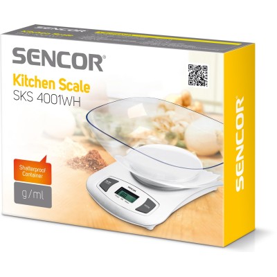 Ваги Sencor кухонні з чашею, 5кг, CR2032x1 в комплекті, пластик, білий (SKS4001WH) Ваги Sencor кухонні з чашею, 5кг, CR2032x1 в комплекті, пластик, білий (SKS4001WH)
