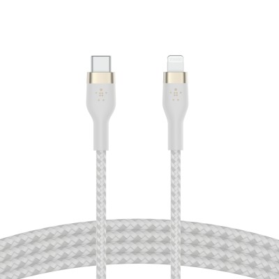 Кабель USB-C > Lightning заряджання/синхронізації Belkin 1м, Type-C, плетений, силіконовий, з ремінцем на магніті, білий (CAA011