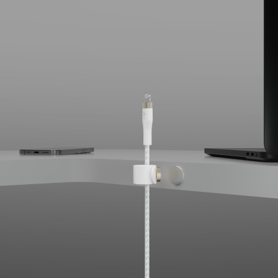 Кабель USB-C > Lightning заряджання/синхронізації Belkin 1м, Type-C, плетений, силіконовий, з ремінцем на магніті, білий (CAA011
