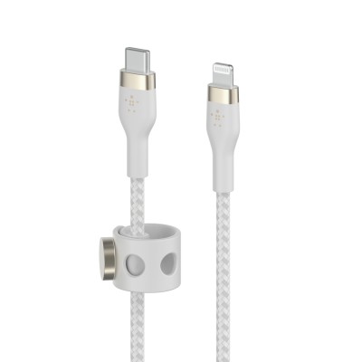 Кабель USB-C > Lightning заряджання/синхронізації Belkin 1м, Type-C, плетений, силіконовий, з ремінцем на магніті, білий (CAA011