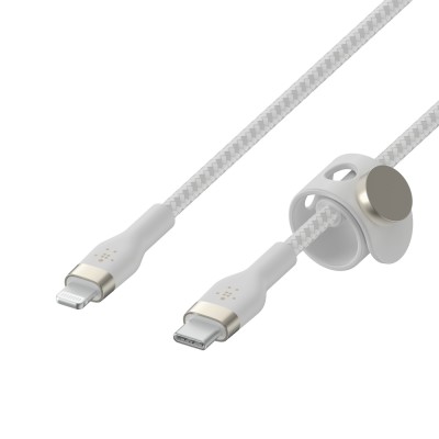 Кабель USB-C > Lightning заряджання/синхронізації Belkin 1м, Type-C, плетений, силіконовий, з ремінцем на магніті, білий (CAA011