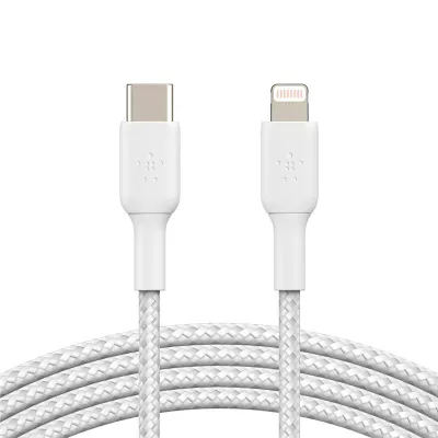 Кабель USB-C > Lightning заряджання/синхронізації Belkin 1м, 30Вт, Type-C, плетений, білий (CAA004BT1MWH)