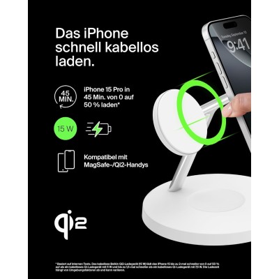 Зарядний пристрій бездротовий Belkin 3в1 Magnetic Pad Qi2 15Вт, білий (WIZ032KQWH)