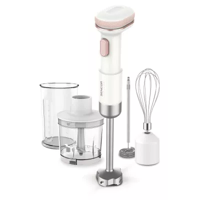 Блендер Sencor заглибний Pulse, 180Вт, 4в1, чаша-700мл, безпровідний, USB-C, капучинатор, біло-рожевий (SHB9130WH)