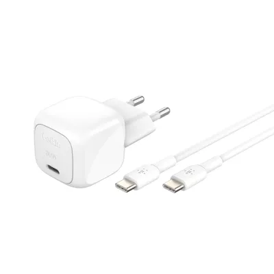 Зарядний пристрій мережевий Belkin 30Вт USB-С PD PPS, кабель USB-С > USB-C, 1м, PVC, білий