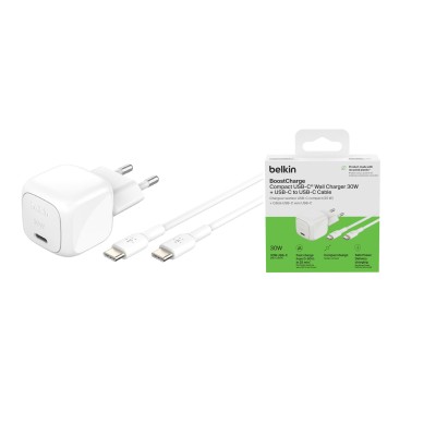 Зарядний пристрій мережевий Belkin 30Вт USB-С PD PPS, кабель USB-С > USB-C, 1м, PVC, білий Зарядний пристрій мережевий Belkin 30Вт USB-С PD PPS, кабель USB-С > USB-C, 1м, PVC, білий