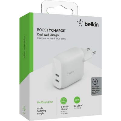 Зарядний пристрій мережевий Belkin 40Вт 2хUSB-С PD, білий