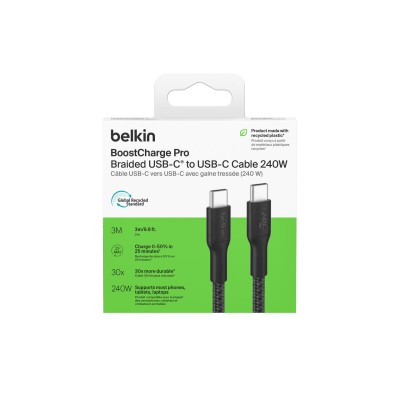Кабель USB-C > USB-C заряджання/синхронізації Belkin 3м, 240Вт, Type-C, плетений, чорний (CAB025HQ3MBK) Кабель USB-C > USB-C заряджання/синхронізації Belkin 3м, 240Вт, Type-C, плетений, чорний (CAB025HQ3MBK)