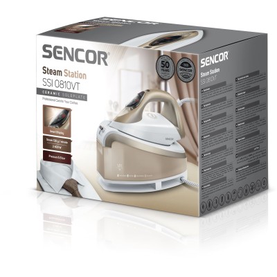Праска-парогенератор Sencor, 2400Вт, 1500мл, паровий удар -395гр, постійна пара - 130гр, Anti-calc, керам. підошва, біло-золотий