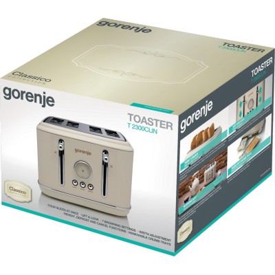 Тостер Gorenje, 950Вт, функц. розморожування, автовідключення, пластик + металл, бежевий (T2300CLIN)