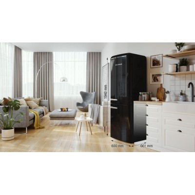 Холодильник з нижн. мороз. камерою Gorenje, 194x66x60см, 2 двері, 204(96)л, А++, Retro, NoFrost+, Внутр. Диспл, Зона св-ті, чорн