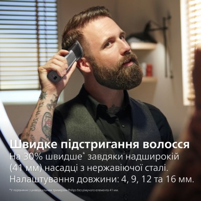 Тример Philips Series 9000, акум., насадок-20, OneBlade в компл., сталь, сірий (MG9555/15) Тример Philips Series 9000, акум., насадок-20, OneBlade в компл., сталь, сірий (MG9555/15)