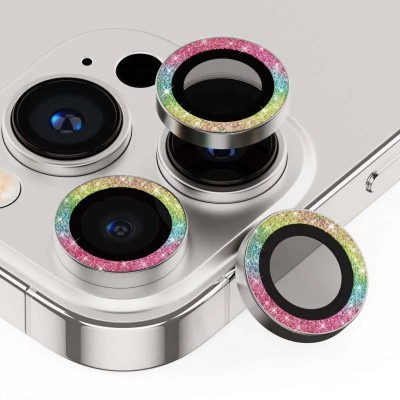 Захисне скло Metal Sparkles на камеру (в упак.) для Apple iPhone 15 Pro (6.1") /15 Pro Max (6.7") Бузковий / Rainbow