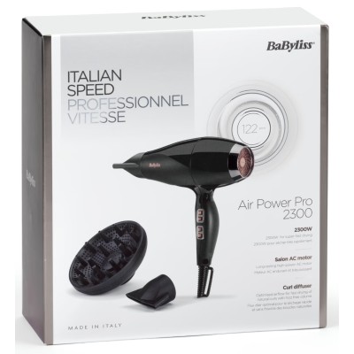 Фен Babyliss Air Power Pro, 2300Вт, 3 режими, дифузор, іоніз-я, хол. обдув, кераміка, чорно-рожевий (6716DE)