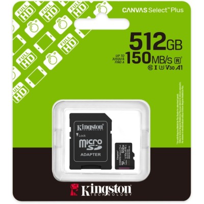 Карта пам'яті Kingston MicroSDXC 512GB Canvas Select Plus Gen3 150MB/s A1 + SD-адаптер (SDCS3/512GB)