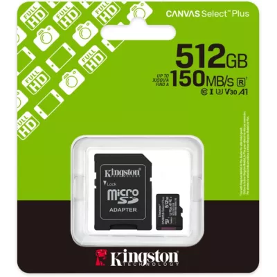Карта пам'яті Kingston MicroSDXC 512GB Canvas Select Plus Gen3 150MB/s A1 + SD-адаптер (SDCS3/512GB)