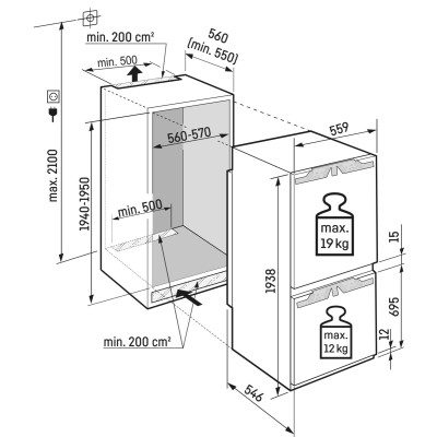 Холодильник Liebherr вбудований з нижн. мороз., 193.8x55.9х54.6, холод.відд.-215л, мороз.відд.-70л, 2дв., A++, NF, диспл внутр.,