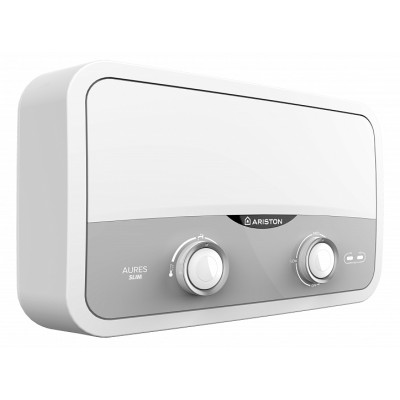Водонагрівач електр. Ariston проточний Aures, 3,1л, 5,5кВт, горизонтальний монтаж, мех. кер-ння, A, В'єтнам, біло-сірий (3520018