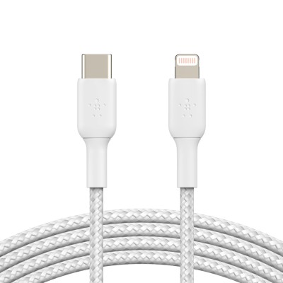 Кабель USB-C > Lightning заряджання/синхронізації Belkin 2м, 30Вт, Type-C, плетений, білий (CAA004BT2MWH)