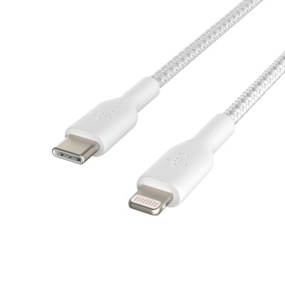 Кабель USB-C > Lightning заряджання/синхронізації Belkin 2м, 30Вт, Type-C, плетений, білий (CAA004BT2MWH)