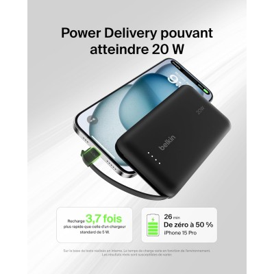 Акумулятор портативний літій-іонний Power Bank Belkin 10000мА·год, 20Вт, з інтегрованим кабелем USB-C, чорний (BPB021HQBK)