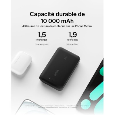 Акумулятор портативний літій-іонний Power Bank Belkin 10000мА·год, 20Вт, з інтегрованим кабелем USB-C, чорний (BPB021HQBK)