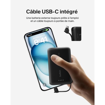 Акумулятор портативний літій-іонний Power Bank Belkin 10000мА·год, 20Вт, з інтегрованим кабелем USB-C, чорний (BPB021HQBK)