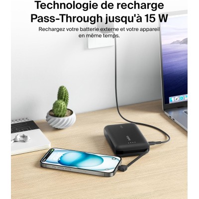 Акумулятор портативний літій-іонний Power Bank Belkin 10000мА·год, 20Вт, з інтегрованим кабелем USB-C, чорний (BPB021HQBK)