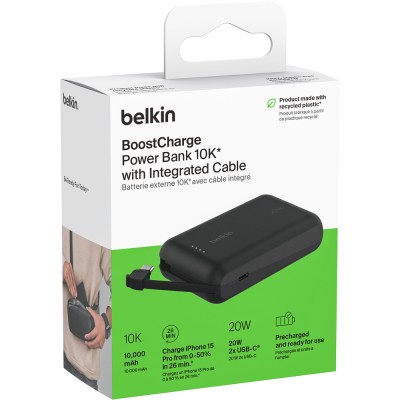 Акумулятор портативний літій-іонний Power Bank Belkin 10000мА·год, 20Вт, з інтегрованим кабелем USB-C, чорний (BPB021HQBK)
