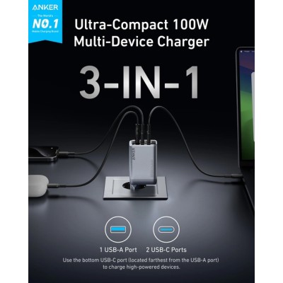 мережева зарядка ANKER GaNPrime Charger - 100W, 2xUSB-C PD & 1xUSB-A Foldable (Срібний)