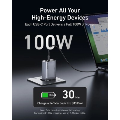 мережева зарядка ANKER GaNPrime Charger - 100W, 2xUSB-C PD & 1xUSB-A Foldable (Срібний)