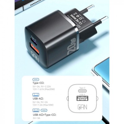 Мережевий Зарядний пристрій ESSAGER Camber 20W GaN travel Phone Charger A+C EU (ECTAC-HMB01-P)