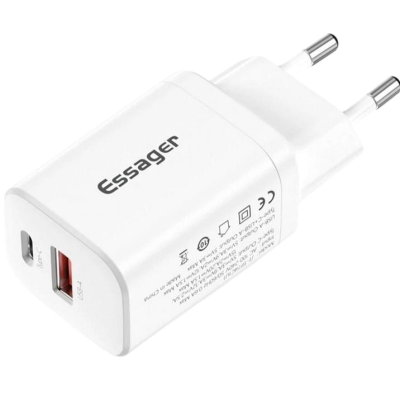Мережевий Зарядний пристрій ESSAGER Journey PD+QC 30W Chager USB A+ Type-C EU (ECTPQS-ZTB02) White