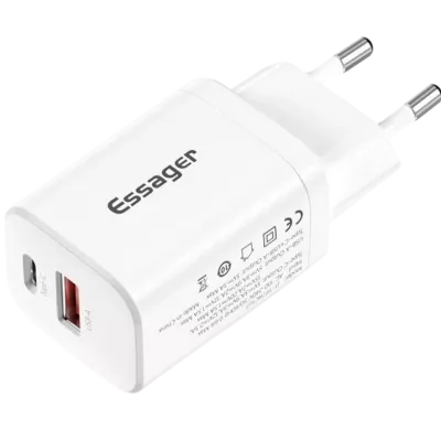 Мережевий Зарядний пристрій ESSAGER Journey PD+QC 30W Chager USB A+ Type-C EU (ECTPQS-ZTB02) White