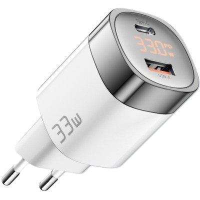 Мережевий Зарядний пристрій ESSAGER Lingyun 33W GaN Digital Display Travel Charger A+C EU (ECTCA-LYB02-Z) White
