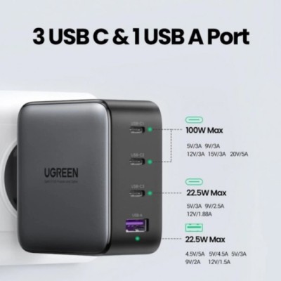 Мережевий зарядний пристрій UGREEN CD226 USB-A+3xUSB-C 100W GaN Tech Fast Charger (40747) Grey