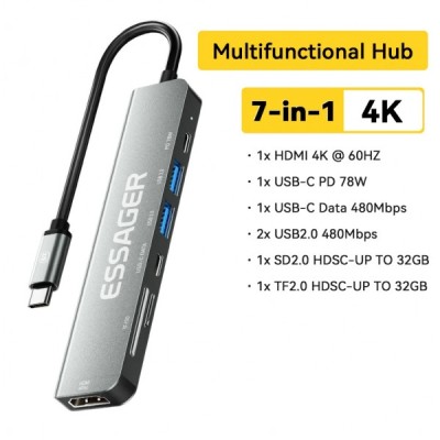 USB-хаб Essager QingHong 7 In1 HDMI USB3.2 USB-C SD TF (EHB07-QH0G-Z) Grey