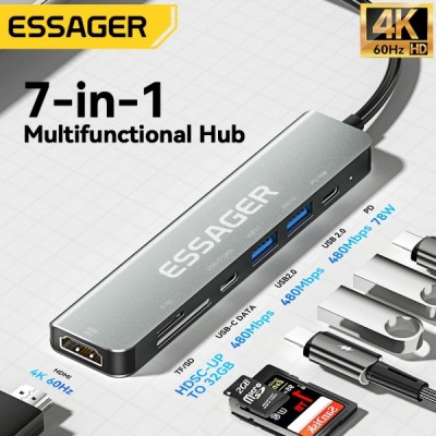 USB-хаб Essager QingHong 7 In1 HDMI USB3.2 USB-C SD TF (EHB07-QH0G-Z) Grey