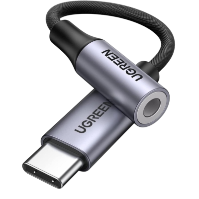 Перехідник UGREEN AV161 USB Type-C Male To 3.5mm Female Cable Aluminum Shell With Braided 10cm Space Gray (80154)