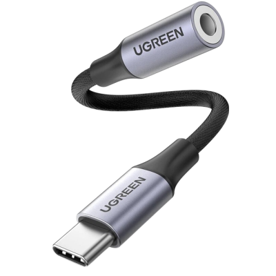 Перехідник UGREEN AV161 USB Type-C Male To 3.5mm Female Cable Aluminum Shell With Braided 10cm Space Gray (80154)