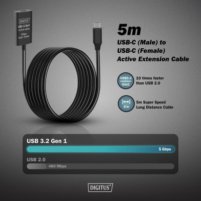 Подовжувач DIGITUS USB 3.2 Gen1 Active Cable 5G, C/M-C/F, 5м, чорний (DA-73108) Подовжувач DIGITUS USB 3.2 Gen1 Active Cable 5G, C/M-C/F, 5м, чорний (DA-73108)