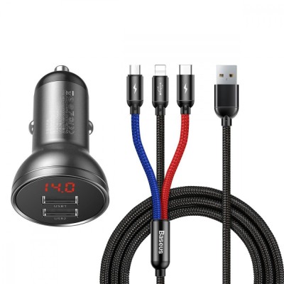 АЗП Baseus Digital Display Dual USB 4.8A Car Charger 24W with Three Primary Colors 3-in-1 (TZCCBX-0G) gray