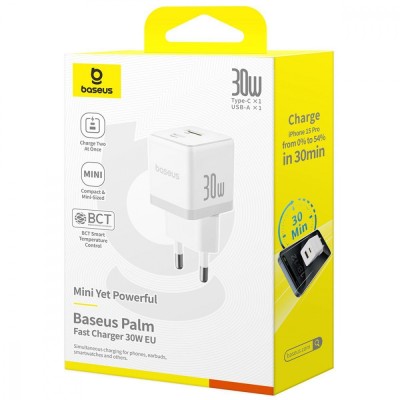 Зарядний Пристрій Baseus Palm Fast Charger Type-C+USB 30W (P1011160A213-00) white Зарядний Пристрій Baseus Palm Fast Charger Type-C+USB 30W (P1011160A213-00) white