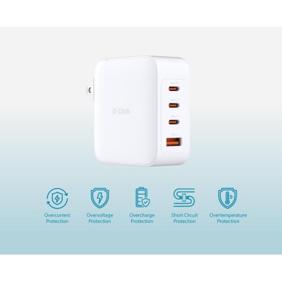 Зарядний пристрій мережевий D-Link DCF-141 140Вт GaN 3хUSB-С, 1xUSB-A, білий Зарядний пристрій мережевий D-Link DCF-141 140Вт GaN 3хUSB-С, 1xUSB-A, білий