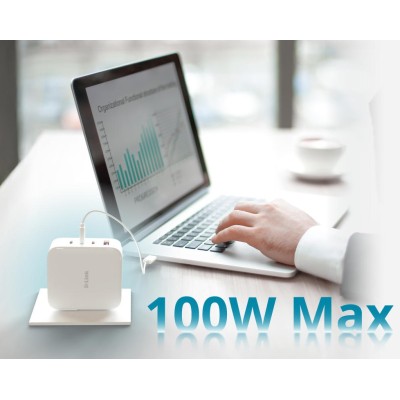 Зарядний пристрій мережевий D-Link DCP-101 100Вт GaN 3хUSB-С, 1xUSB-A, білий