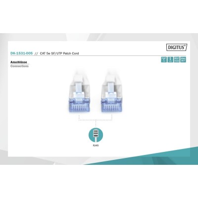 Патч-корд CAT 5e SF-UTP, Cu, PVC AWG 26/7, довжина 0,5 м, колір сірий DK-1531-005 DIGITUS by ASSMANN