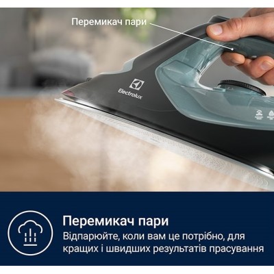 Праска Electrolux, 2600Вт, 370мл, паровий удар 230гр, алюмінієва підошва, зелено-чорний (E7SI2-6OG) Праска Electrolux, 2600Вт, 370мл, паровий удар 230гр, алюмінієва підошва, зелено-чорний (E7SI2-6OG)
