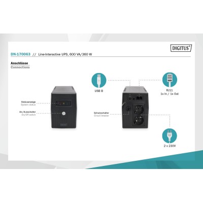 Джерело безперебійного живлення DIGITUS 600VA/360W, LED, RJ11, USB, 2xSchuko (DN-170063) Джерело безперебійного живлення DIGITUS 600VA/360W, LED, RJ11, USB, 2xSchuko (DN-170063)