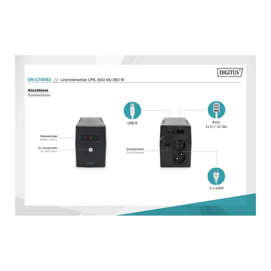 Джерело безперебійного живлення DIGITUS 600VA/360W, LED, RJ11, USB, 2xSchuko (DN-170063) Джерело безперебійного живлення DIGITUS 600VA/360W, LED, RJ11, USB, 2xSchuko (DN-170063)